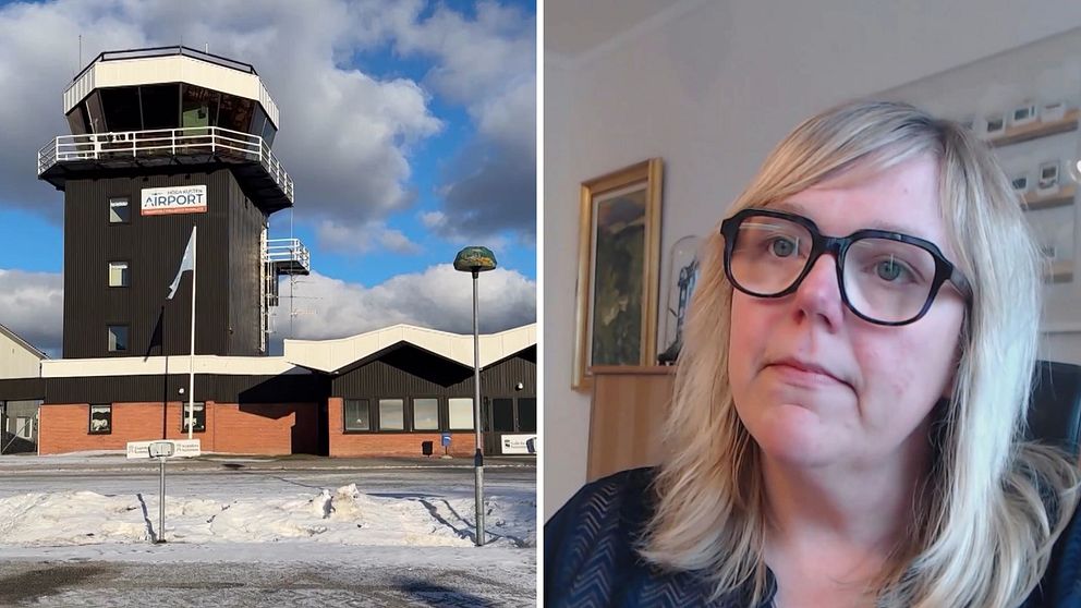 Bilden är ett montage. Till vänster syns Höga Kusten Airport. Det är ett torn som är svartmålat och i bakgrunden syns en blå himmel och moln. Till höger syns Malin Svanholm (S). Hon tittar inte in i kameran, hon sitter inomhus och har glasögon och blont hår.