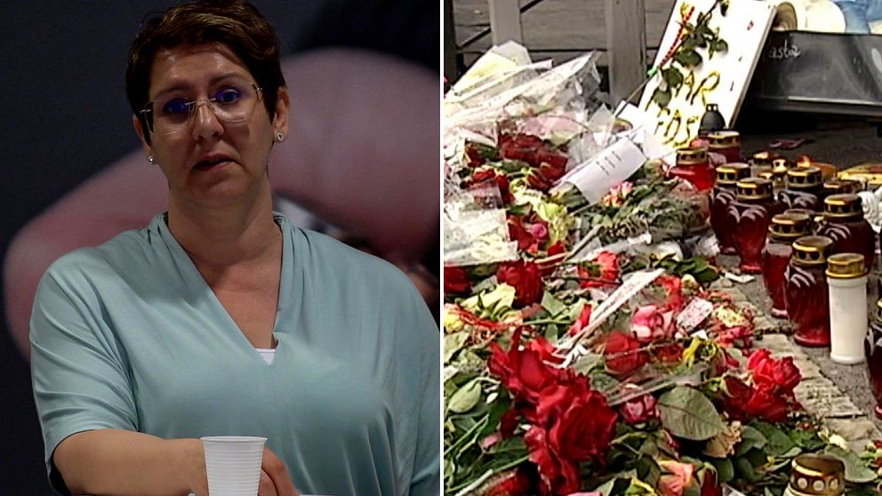 Tvådelad bild: Katerina Petrović och blommor och ljus efter en dödsskjutning.