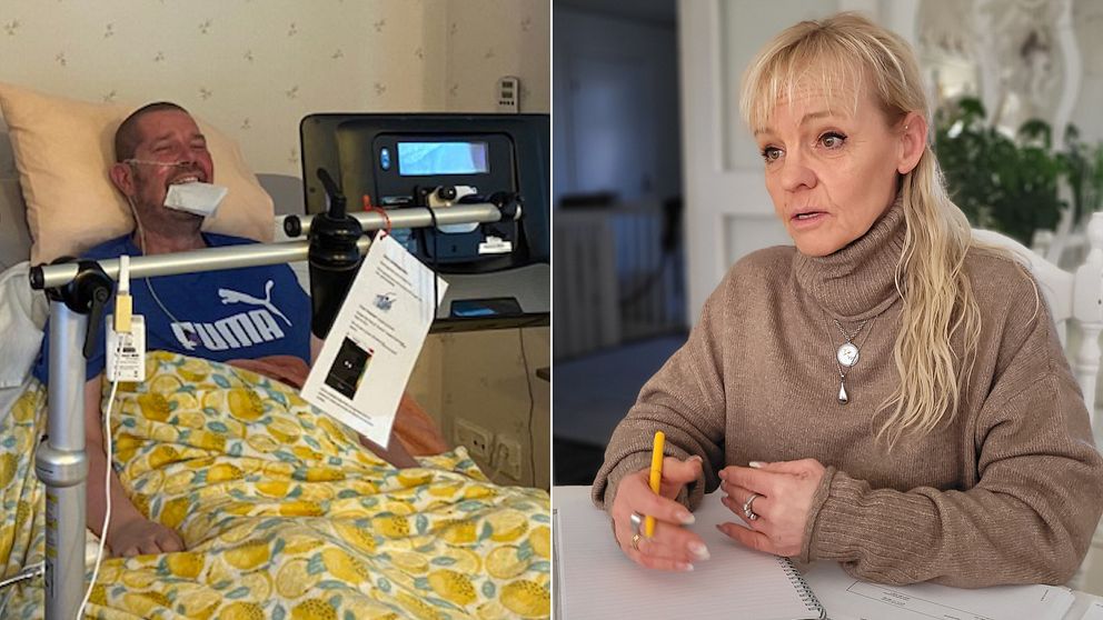 Delad bild. Till vänster syns ALS-sjuka Peter i en säng med en nässond och en skärm framför sig. Till höger syns en kvinna med en stickad tröja och en penna i handen.