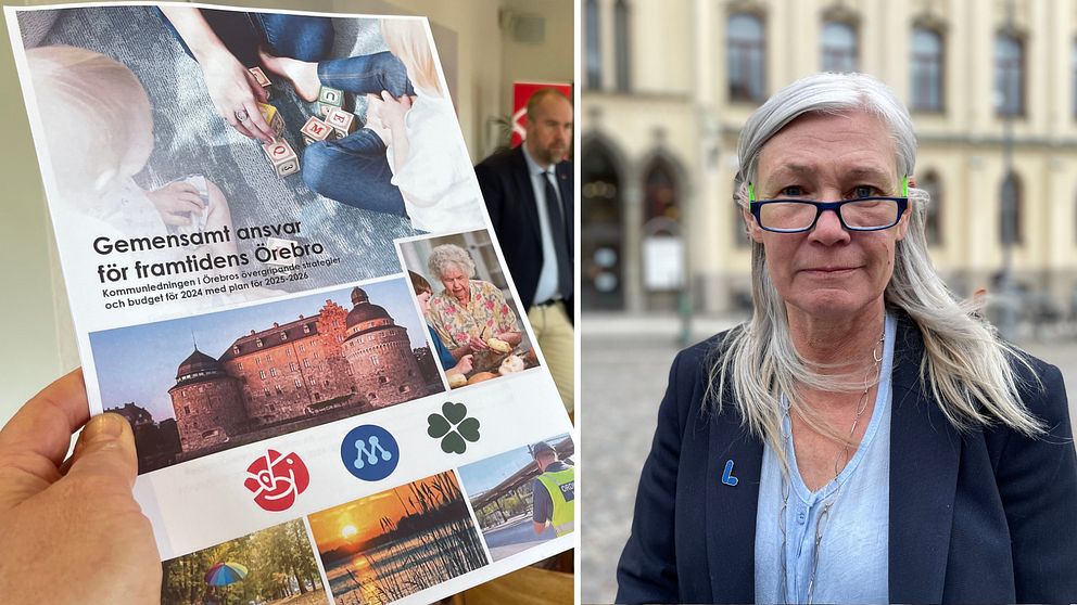 Tvådelad bild med Socialdemokratenras, Moderaternas och Centerpartiets gemensamma budgetförslag för Örebro år 2024 samt oppositionsrådet Karolina Wallström (L).