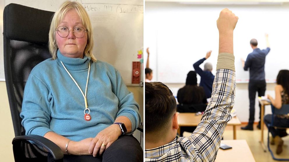 Tvådelad bild: Andrea Meiling, ordförande för Sveriges lärare i Göteborg sitter i en kontorsstol och en lektion med sjundeklassare där läraren skriver något på tavlan samtidigt som barnen räcker upp händerna.