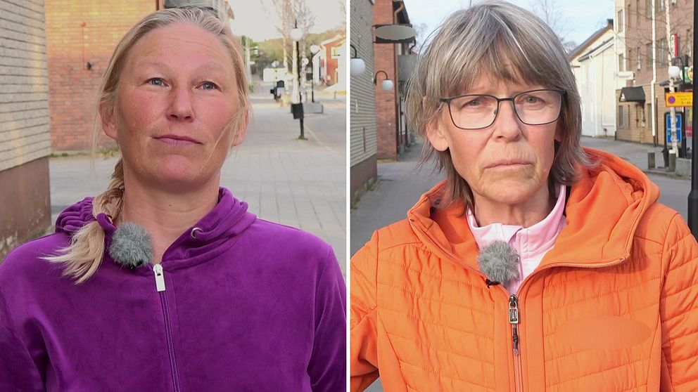 Bilden är ett montaget av två bilder som visar två kvinnor som står på gatan i Arjeplog.