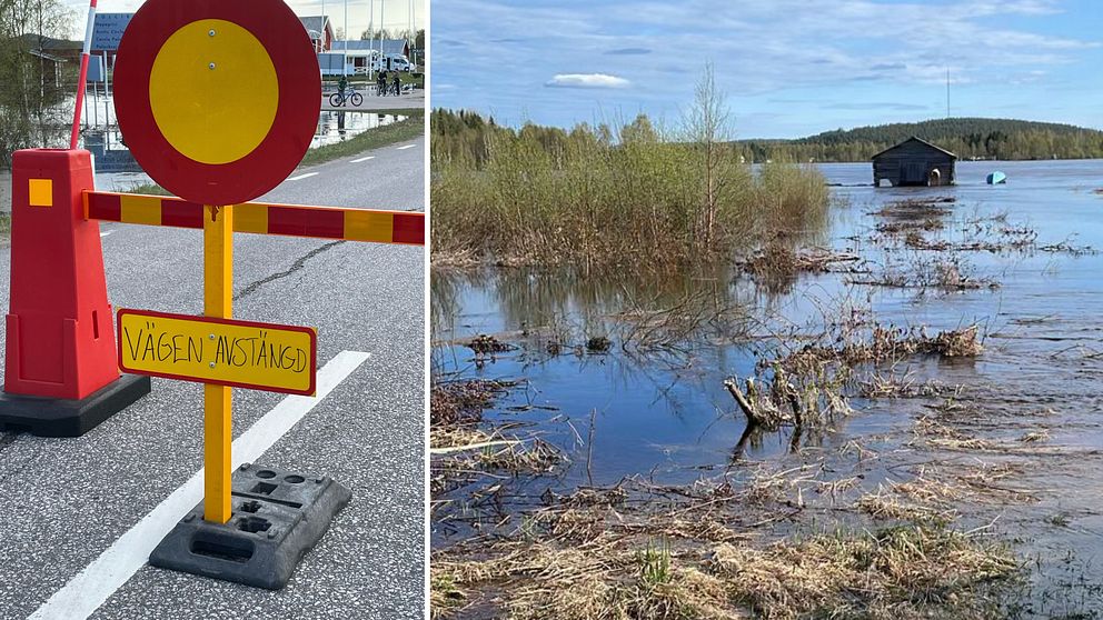 Bild på skylt som meddelar att vägen är avstängd samt stora översvämningar i Juoksengi.