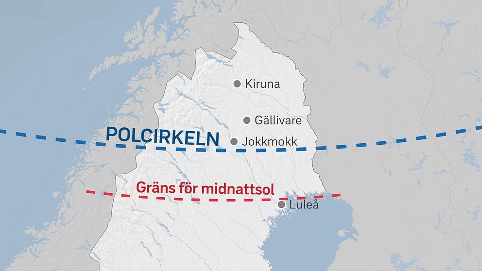 Karta som visar i vilka delar av norra Norrland man får midnattssol.