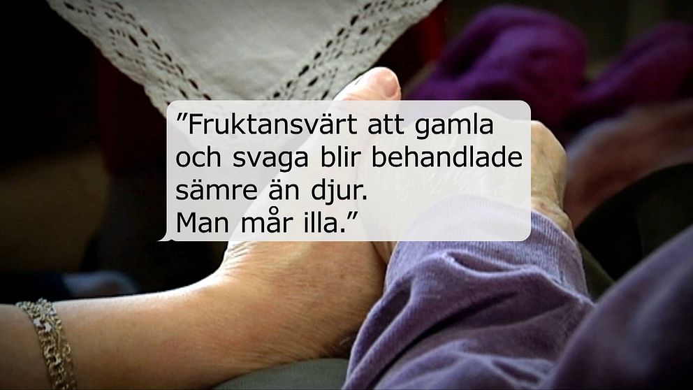 Pratbubbla om att äldre blir sämre behandlade än djur. I bakgrunden en bild på en hand som håller en äldre hand.