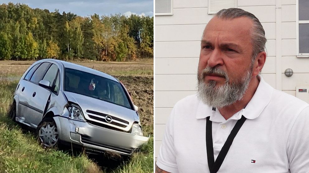Omtumlad bil i ett dike, Ferid Kovacevic, medelålders man med skägg och långt hår.