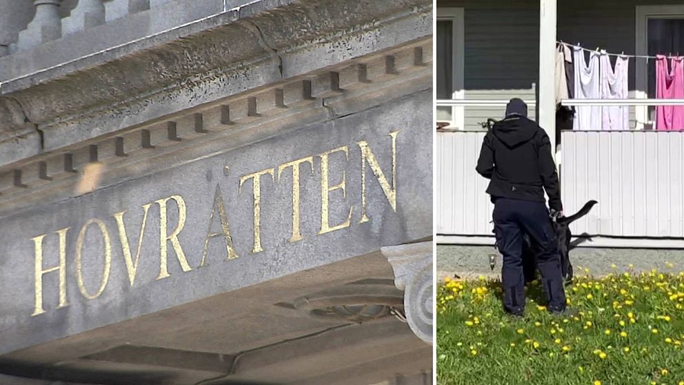 Bilden är ett montage. Till vänster syns en bild där det står hovrätten och till höger syns en bild där en polis söker med sin hund. Polisen och hunden står på en grön gräsmatta.