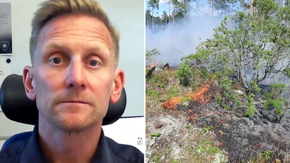 Man i kontorsstol, brand utomhus.