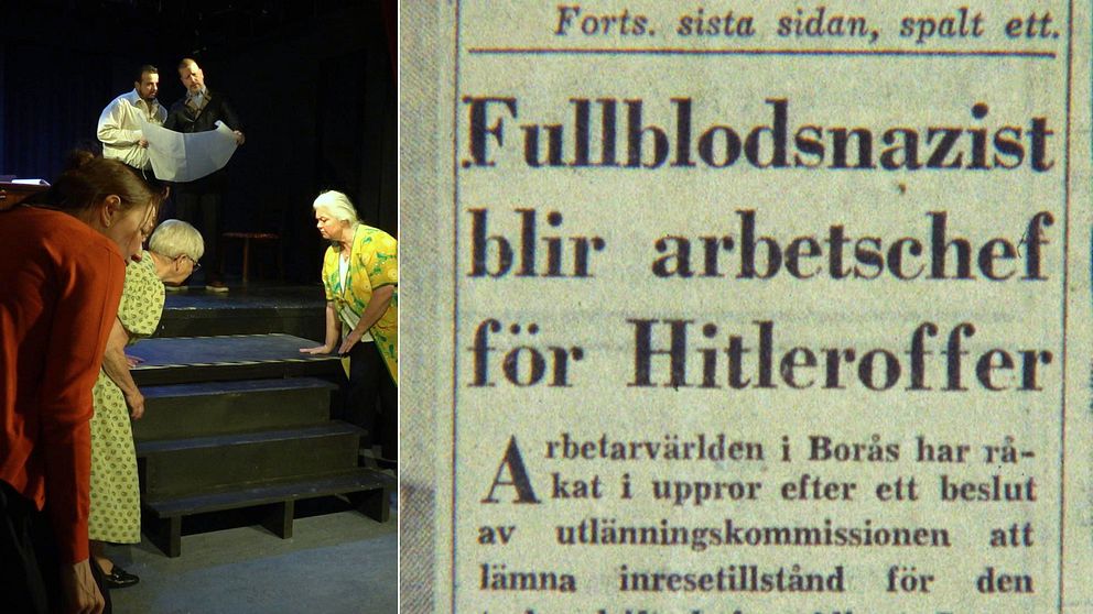 Tyske ingenjören Alberg Sonntag införde löpande bandet på Algots – var nazist. Till vänster en bild ur teateruppsättningen, till höger