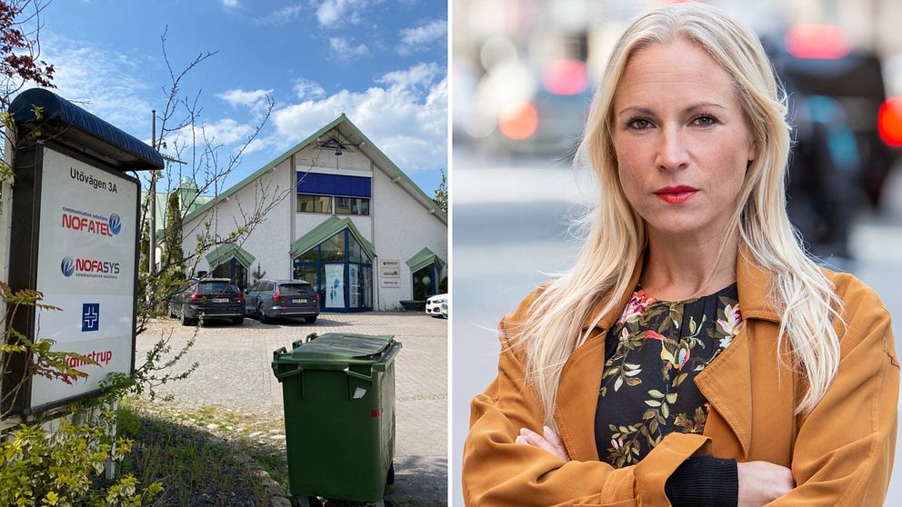 Vit företagsskylt framför vitt hus med grönt tak, Nofatel på Saltö i Karlskrona. Nina Jelver, säkerhetschef på Svensk Handel. Kvinna i orange kavaj med korsade armar i stadsmiljö.