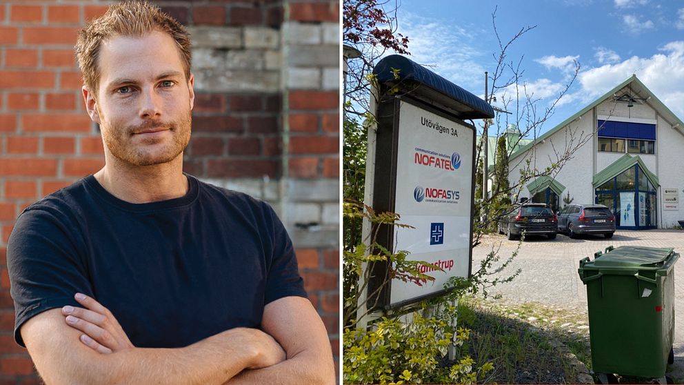 Viktor Karlsson, vd på Telavox i Malmö. Man med korsade armar i svart t-shirt framför tegelvägg. Vit företagsskylt framför vitt hus med grönt tak. Nofatel på Saltö i Karlskrona.