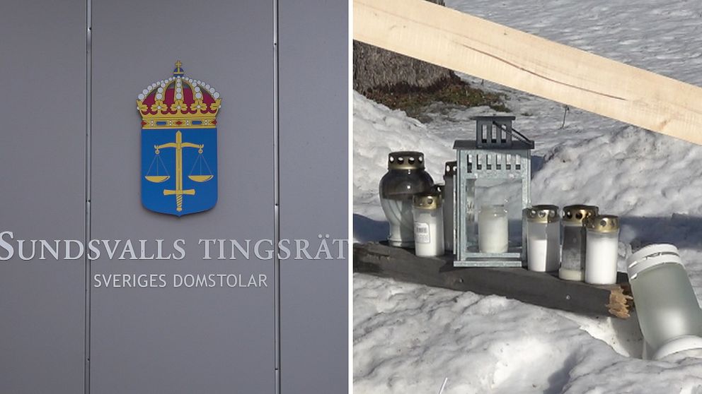 Bilden är ett montage. Till vänster syns en bild där det står Sundsvalls tingsrätt. Till höger syns en bild på flera ljus som står i snö.