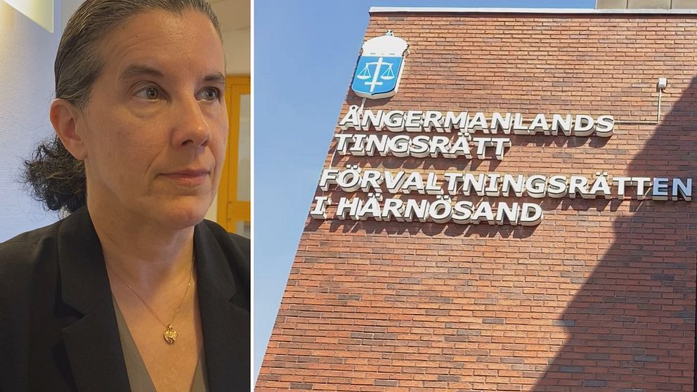 Bilden är ett montage, till vänster ser man en kvinnlig åklagare, och till höger ser man ångermanlands tingsrätt