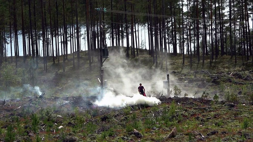 En man släcker delar av en skogsbrand