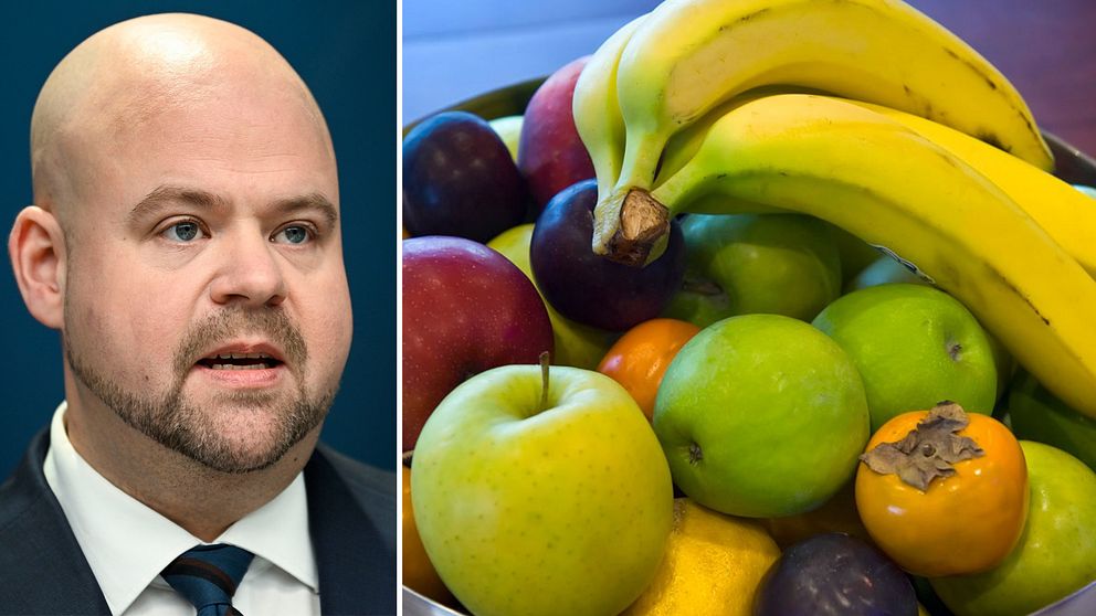 Peter Kullgren i kostym, landsbygdsministern i en bild till vänster. Frukt i en skål i en bild till höger. Bananer, äpplen och citrusfrukter.