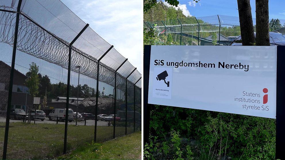 Delad bild. Till vänster: Taggtråd utanför Nereby Sis-hem. I bakgrunden syns en parkering med bilar. Till höger: En skylt där det står ”Sis ungdomshem Nereby”.