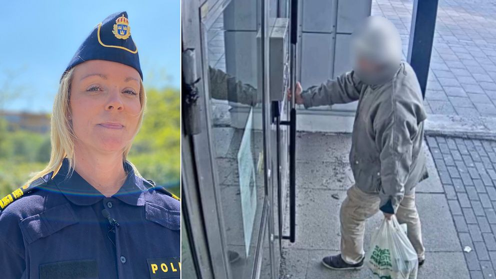 Till vänster: Frida Braf, nya lokalpolisområdeschefen i Norrköping efter attacken mot polishuset i Norrköping. Till höger: en pixlad bild på den åtalade.