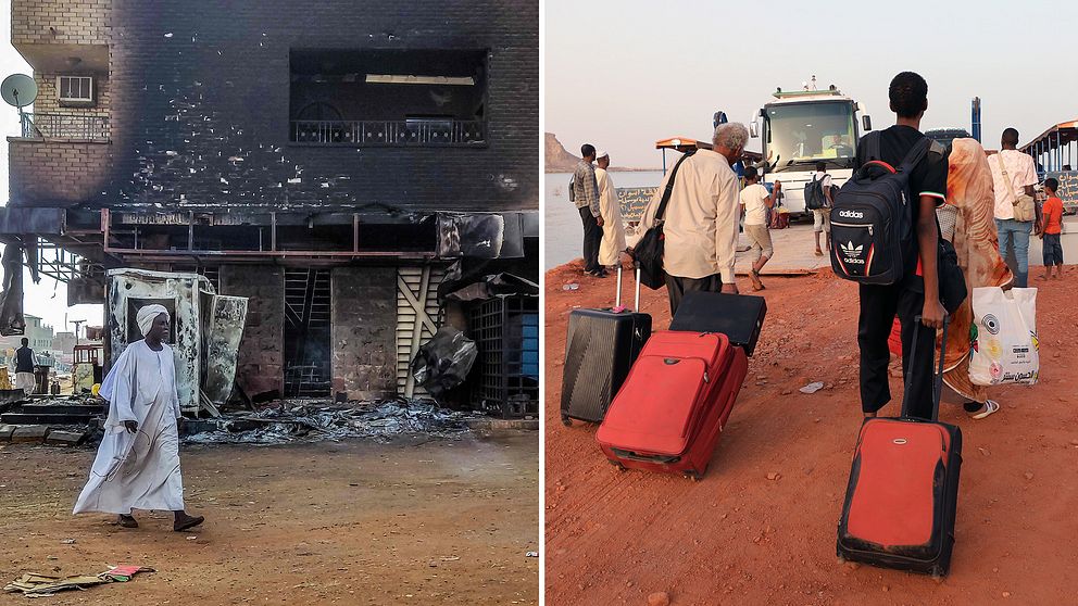 En bränd bank-byggnad i södra Khartoum, Sudan. Bredvid en bild på personer med resväskor som ska gå ombord ett fartyg.
