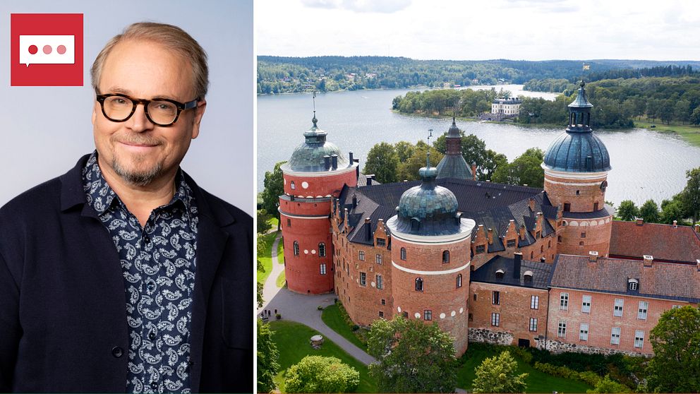 Delad bild. Till höger syns en man, Fredrik Lindström, med glasögon, mönstrad skjorta och kavaj. Till höger syns Gripsholms slott.