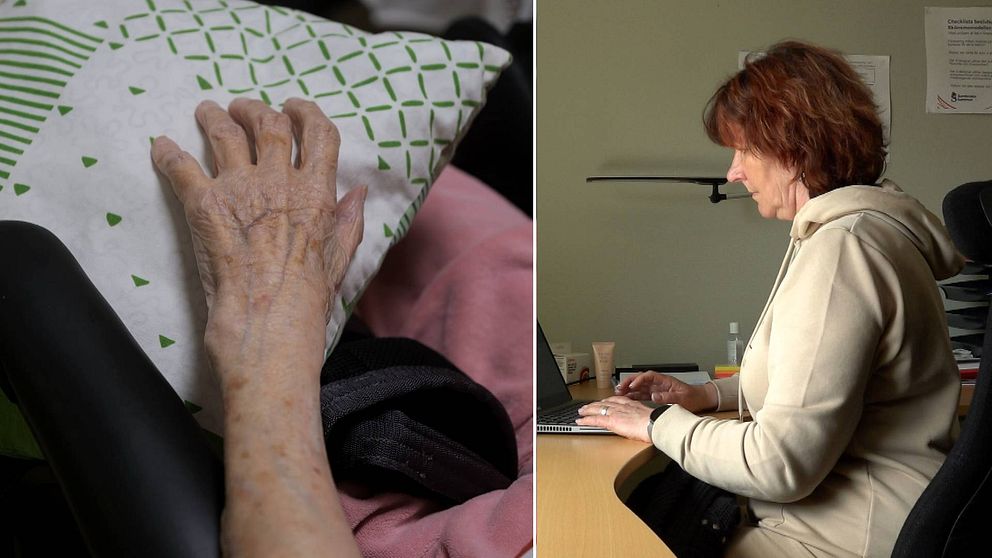 Till vänster en bild på en äldre kvinnas hand som vilar på en kudde. Till höger en profilbild på stabschef Annika Eriksson, vård- och omsorgsförvaltningen i Sundsvalls kommun. Hon sitter vid en bärbar dator och skriver.