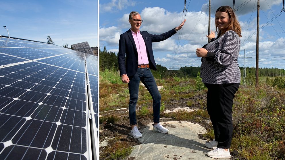 Delad bild – till vänster en bild på solceller, till höger bild på en man och en kvinna