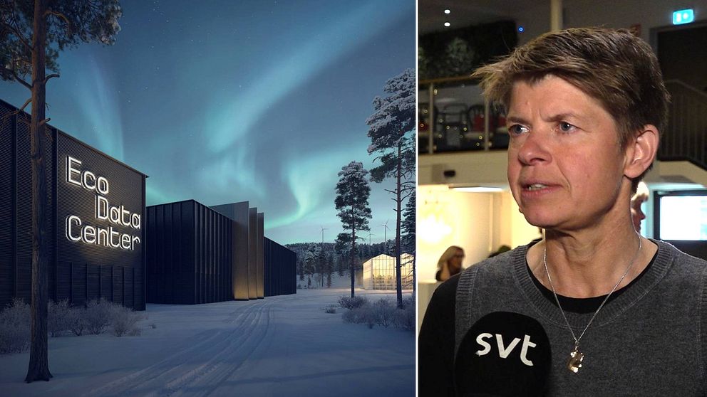 Delad bild. Till vänster en illustration på mörka byggnader med texten Eco Data Center på i vita bokstäver. Till höger kvinna med kort mörkt hår, klädd i mörka kläder.