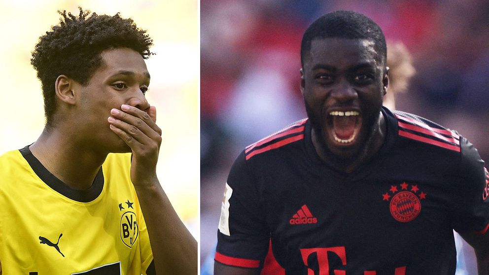 Vitt skiljda känslor mellan Dortmunds Julien Duranville och Bayern Münchens Dayot Upamecano.
