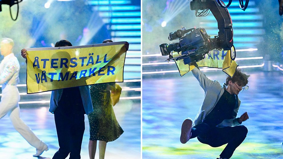 Aktivister med budskapet ”Återställ våtmarker” tog sig in på dansgolvet under Charlotte Kallas dansnummer.