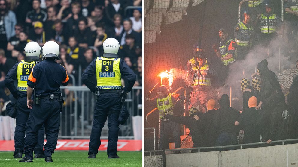 Djurgården ledde med 1–0 när det utbröt ett storbråk på planen och bangers och bengaler regnade in från läktaren.