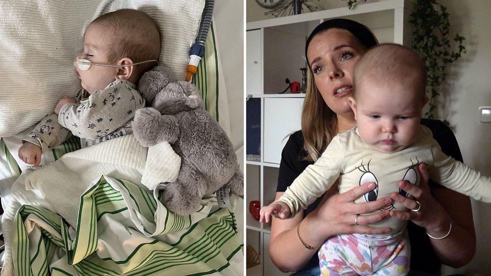 Till höger en bebis med en plastslang i  näsan, barnet sover och ligger i en sjukhussäng tillsammans med ett gosedjur. Till höger en kvinna i svart t-shirt som håller den nu friska bebisen i famnen.
