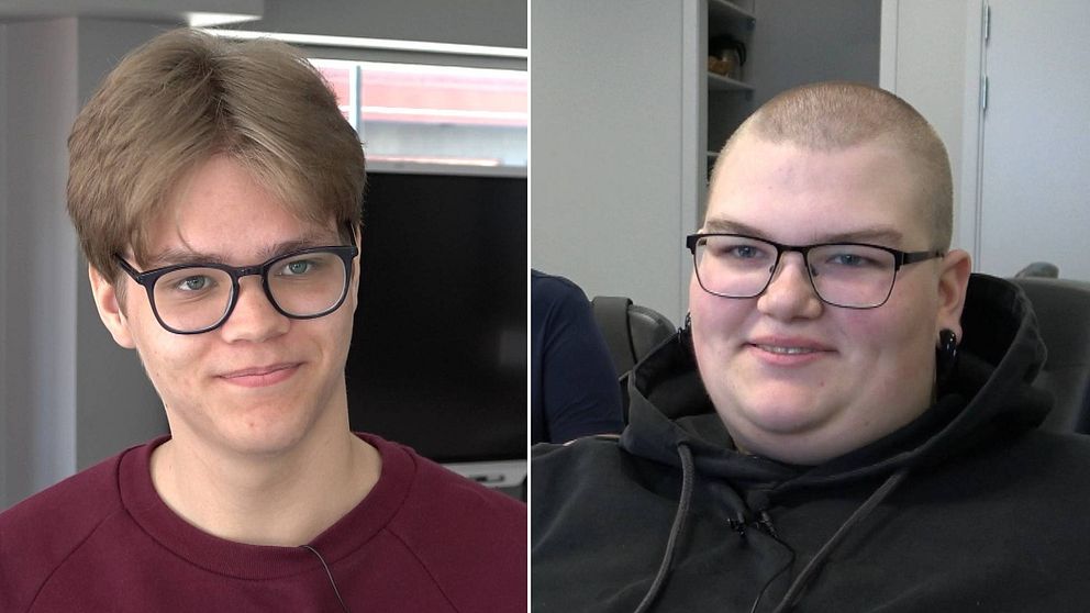 Montage av två bilder. Till vänster syns Fredrik Pettersson, till höger Madelen Alfredsson. Båda är elever på Bona folkhögskola i Motala där lärarna har infört undervisning med AI.