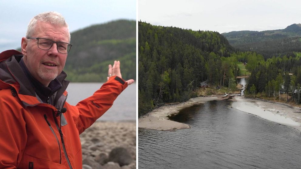 Till vänster står SVT Nyheter Jämtlands reporter Fredrik Lundmark vid sjön Gesunden i Ragunda kommun. Till höger är en bild på Tjärnviksdalen – vattendrag med sandstrand och skog.