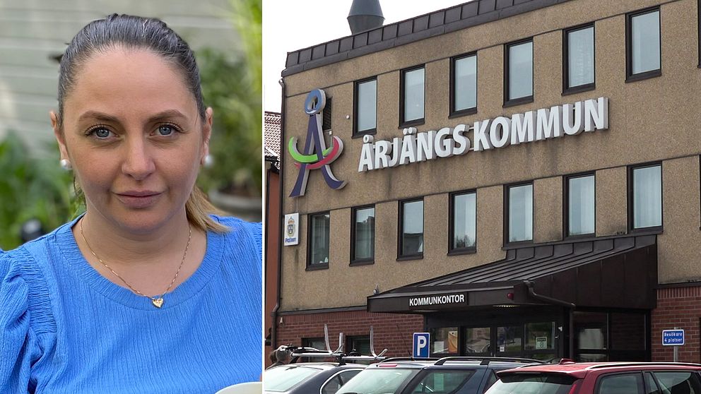 Till vänster: porträtt på kvinna, Victoria Billqvist, i blå blus. Till höger Årjängs kommunhus, exteriör.