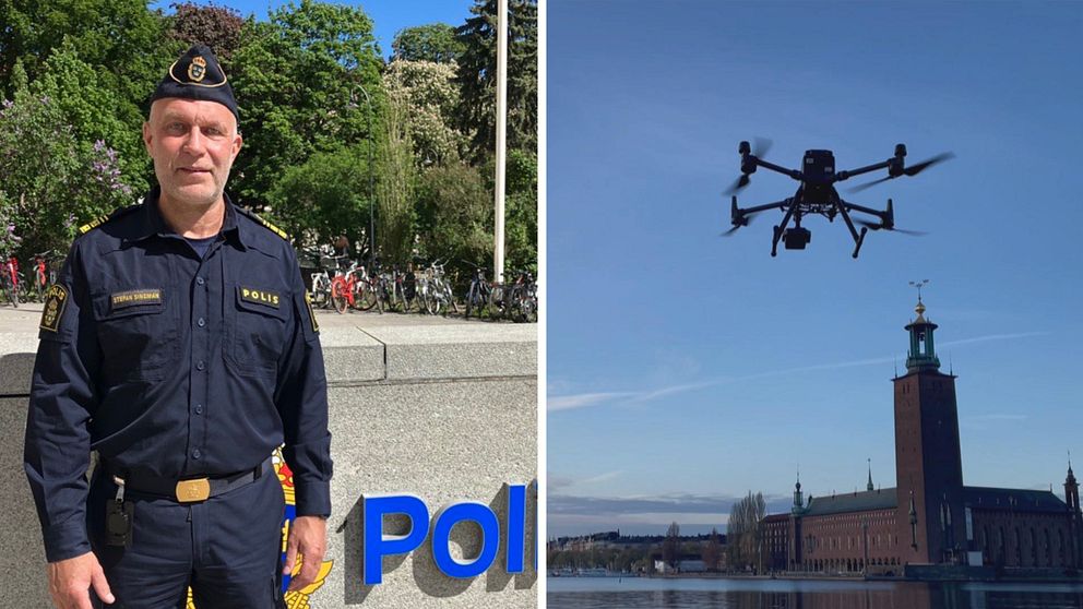 Stefan Singman, chef för Polisens sektion för kamerabevakning, till vänster, iklädd polisuniform och en bild på en drönare, till höger, som flyger i luften framför Stockholms stadshus.