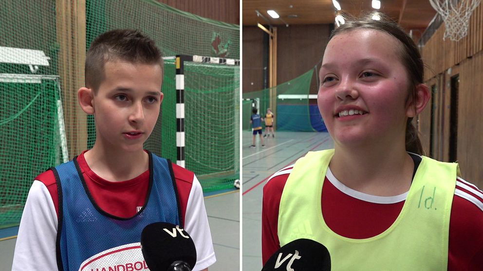 Tvådelad bild. till vänster en ung handbollsspelare, Bruno Palameta, och till höger Amalia Karlsson.