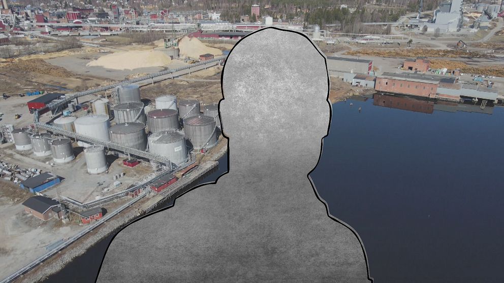 en flygbild över en industri, och en silhuettbild på en person