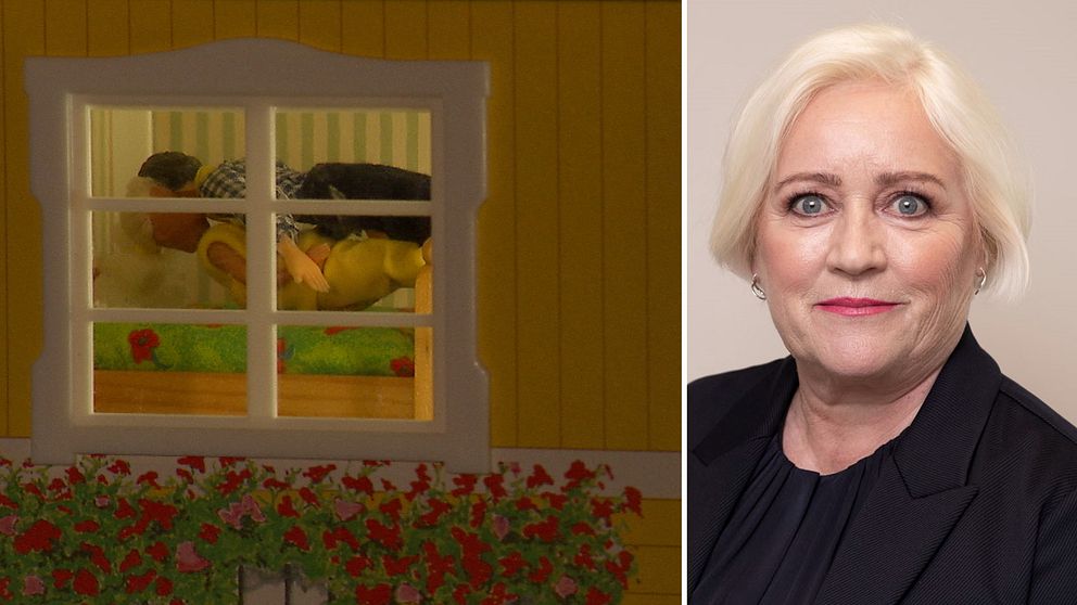 Tvådelad bild: Ett dockhus där dockorna innanför fönstret är arrangerade som att de har sex, samt Sveriges barnombudsman Elisabeth Dahlin fotograferad i porträtt.