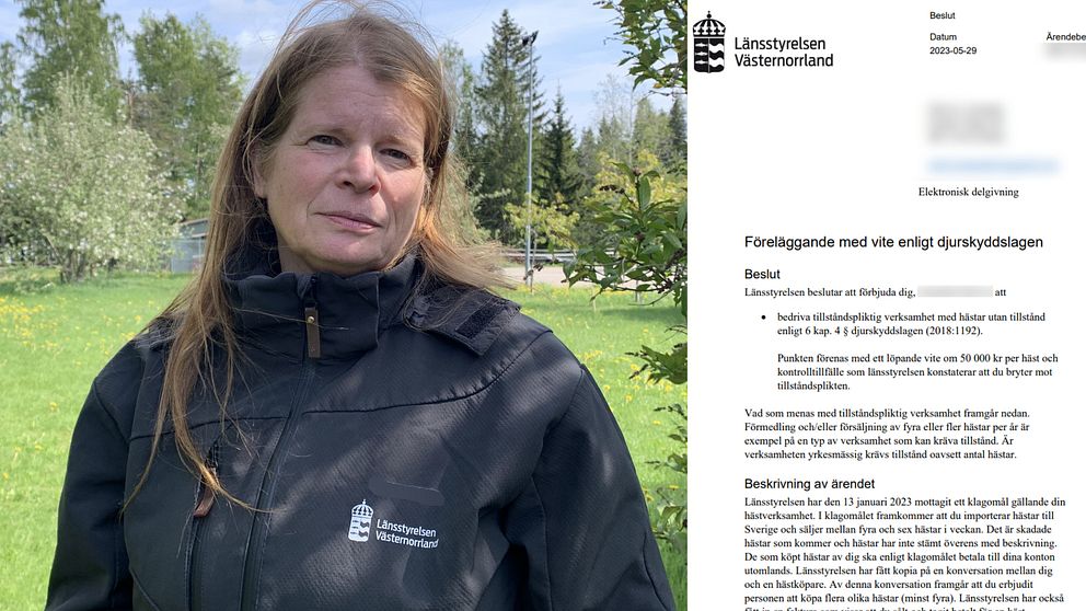 Bilden är ett montage av veterinären Helen som står utomhus med en svart jacka. Till höger är det en skärmdump på länsstyrelsens beslut. Där det står att kvinnan föreläggs med vite enligt djurskyddslagen.