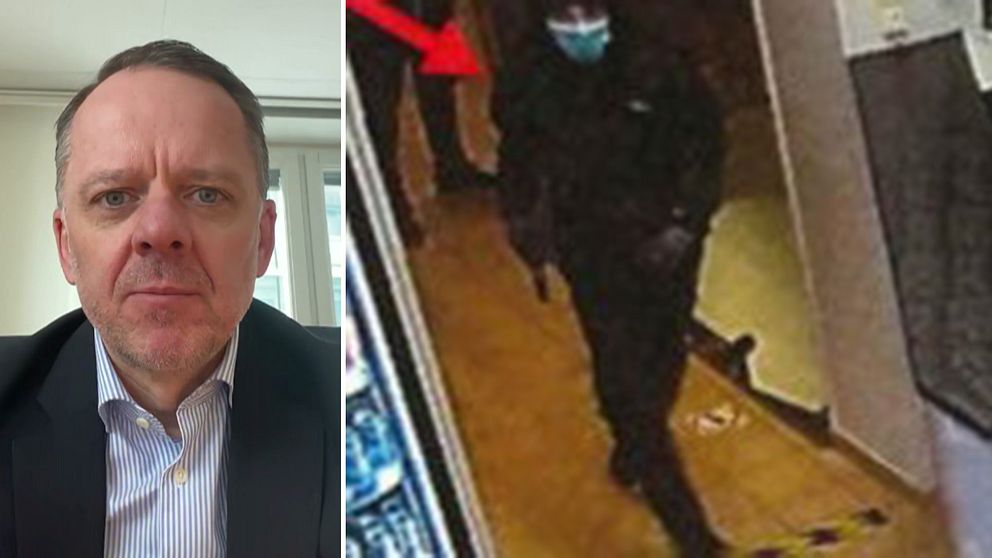 Åklagare Daniel Sunesson berättar om hovrättens dom mot tonåringen. Till höger i bild övervakningsfoto på den maskerade mördaren inne på gymmet i centrala Stockholm.