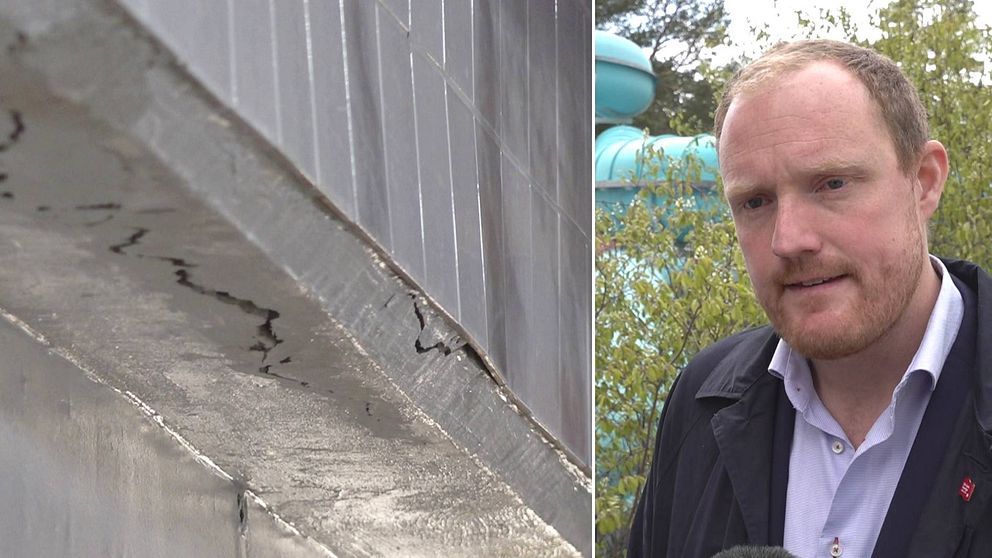 Delad bild. Till vänster sprucken balk på Storsjöbadet. Till höger Niklas Daoson (S), kommunstyrelsens ordförande i Östersund. Han är rödlätt har skäggstubb och är klädd i svart jacka och ljusblå skjorta.