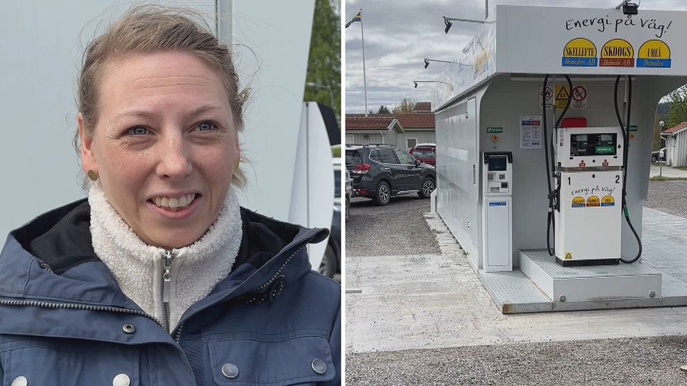 Bilden är ett montage. Til vänster syns näringslivsutvecklaren Linnea Egnor Byström. Hon står utomhus och har en blå jacka på sig. Till höger syns en bild på macken som invigdes under fredagen.