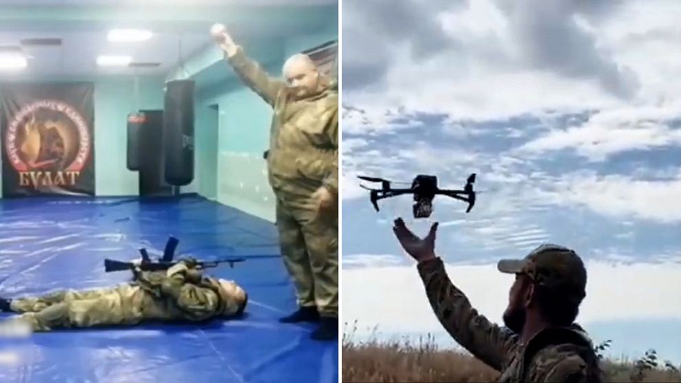 Två soldater, en som ligger på golvet med ett vapen. Bild till höger visar en soldat som släpper iväg en drönare.