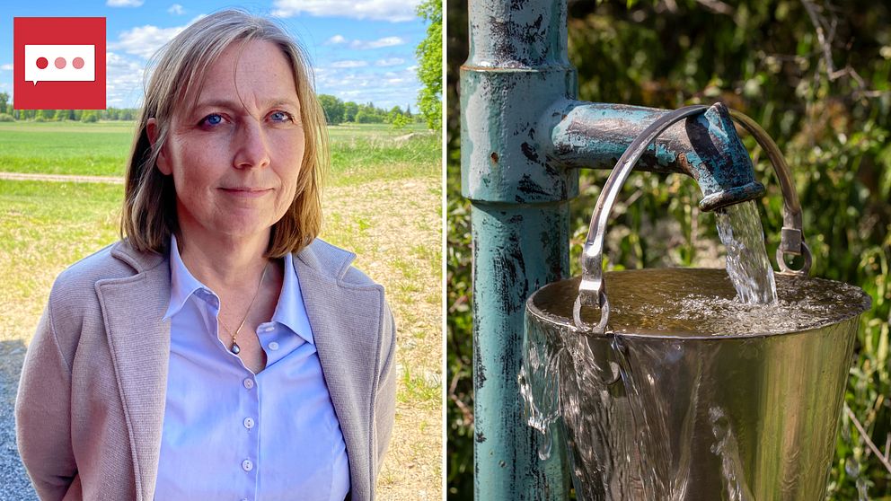 Delad bild med en vattenpump och Ann-Charlotte Duvkär, vd Mälarenergi Vatten.