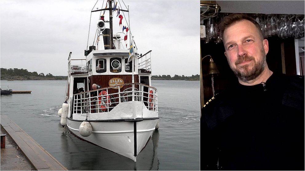 Tvådelad bild- till vänster en båt, till höger Magnus Lindkvist, skeppare i ST Annas skärgåd i Östergötland.