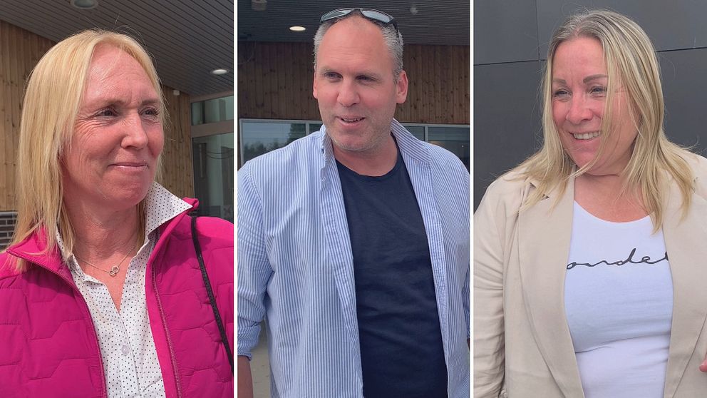 Bilden är ett montage. Till vänster syns en kvinna som har blont hår, rosa jacka och en prickig skjorta. I mitten står en man som har en blårandig skjorta och en mörk tröja under, han har solglasögon på huvudet. Till höger syns en tjej som har en beige kavaj, vit t-shirt och blont hår.