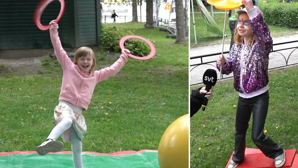 Barn som testar cirkus med ringar och tallrikar på pinnar