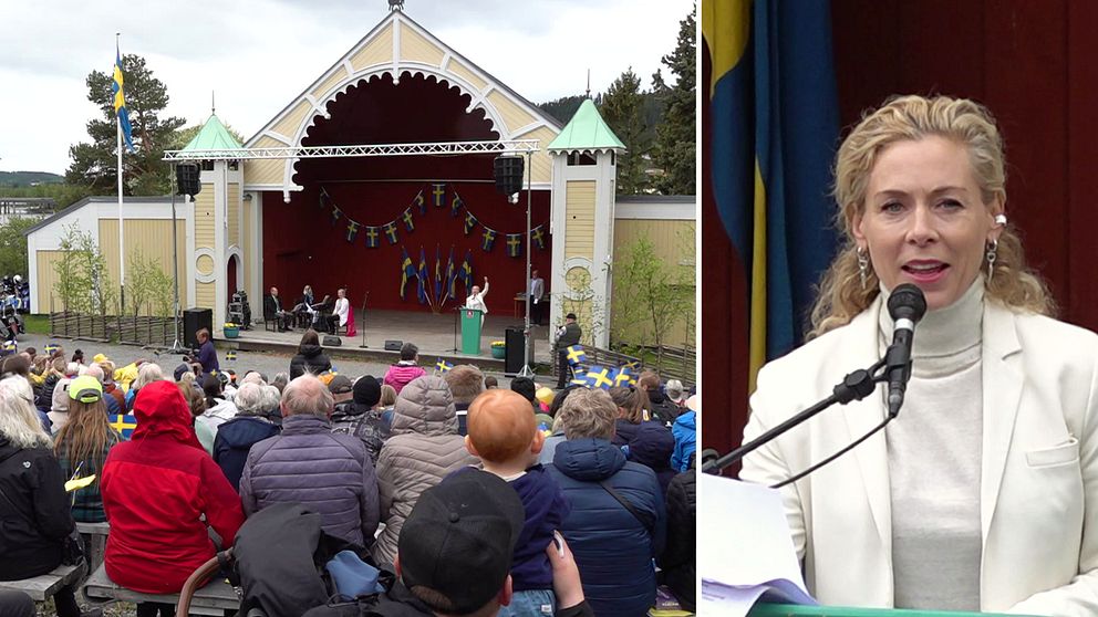 Till vänster: Fullsatt läktare när Eva Röse talar på scenen på Jamtli på nationaldagen. Till höger: Bild på Eva Röse framför mikrofonen, en svensk flagga i bakgrunden.