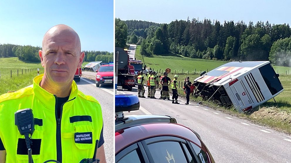 En person. Trafikolycka, buss ligger vält, väg, räddningspersonal