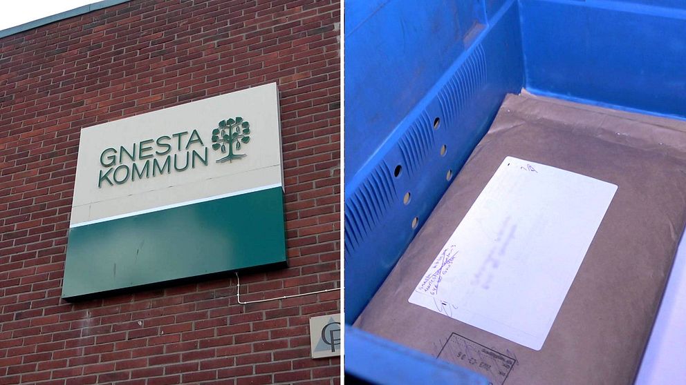 Bild på kommunskylt av Gnesta kommun, samt ett paket i en blå låda.