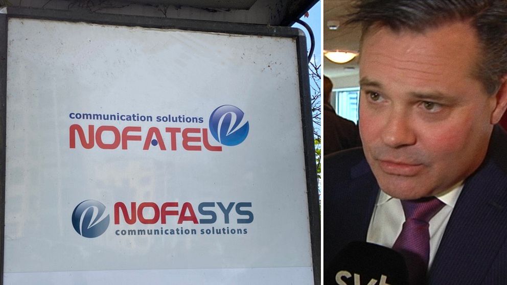 Företagsskylt med loggor för Nofatel och Nofasys. Magnus Pettersson, vd för Nofatel, i närbild. Saltö, Karlskrona.